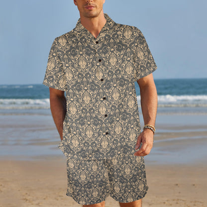 Damask Elegant Luxury Print Pattern Men's Beach Shirt and Shorts Set