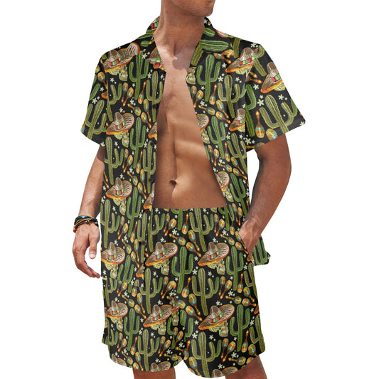 Western Style Print Men's Beach Shirt and Shorts Set
