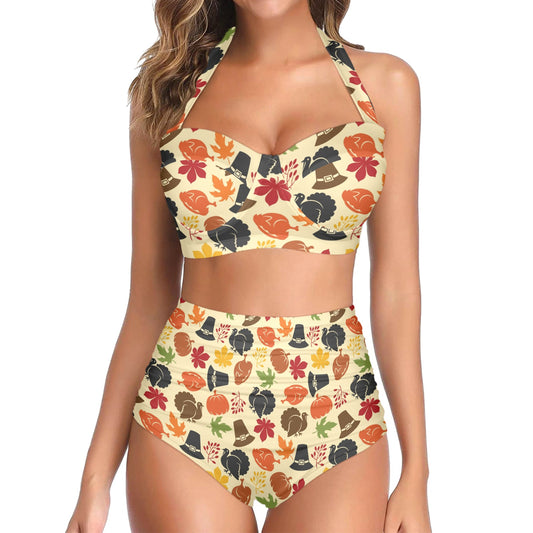 Thanksgiving Print Design LKS303 Halter Neck Bikini Swimsuit