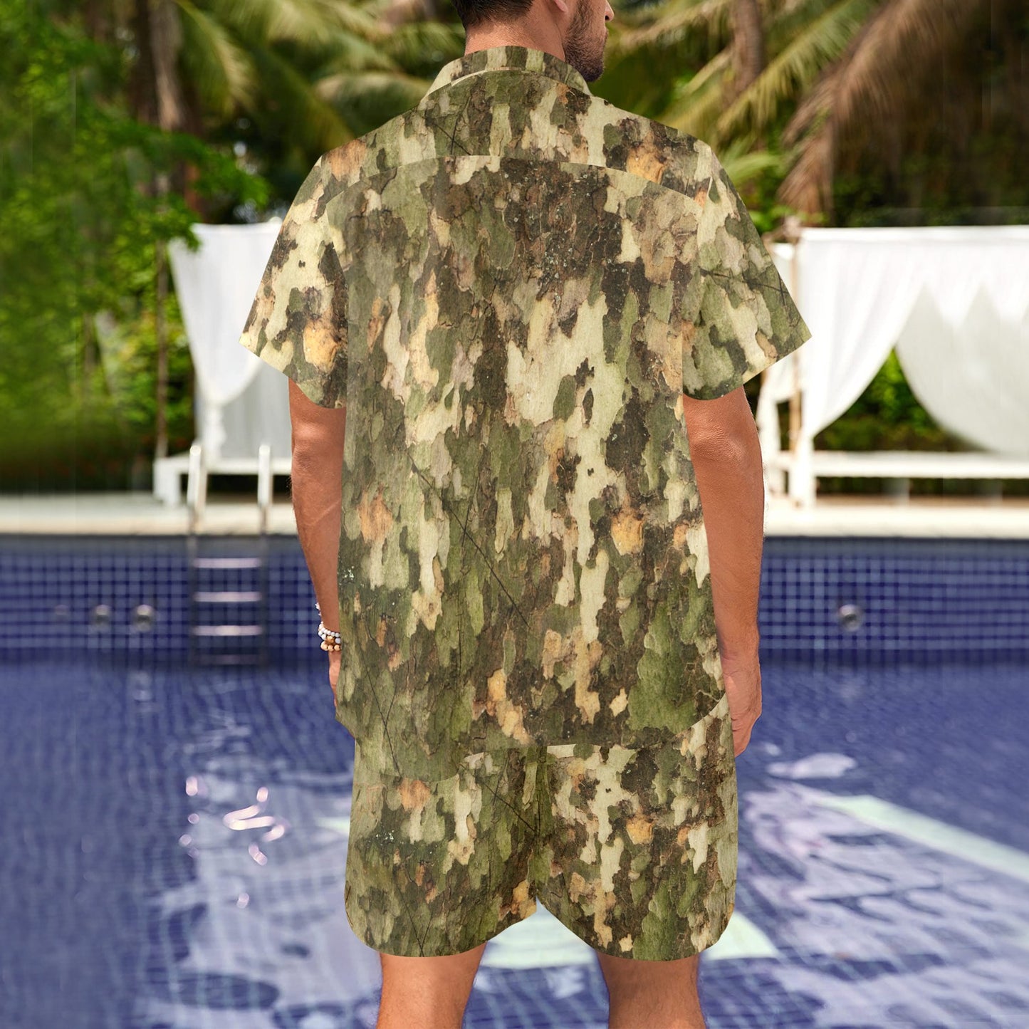Camo Realistic Tree Texture Print Men's Beach Shirt and Shorts Set
