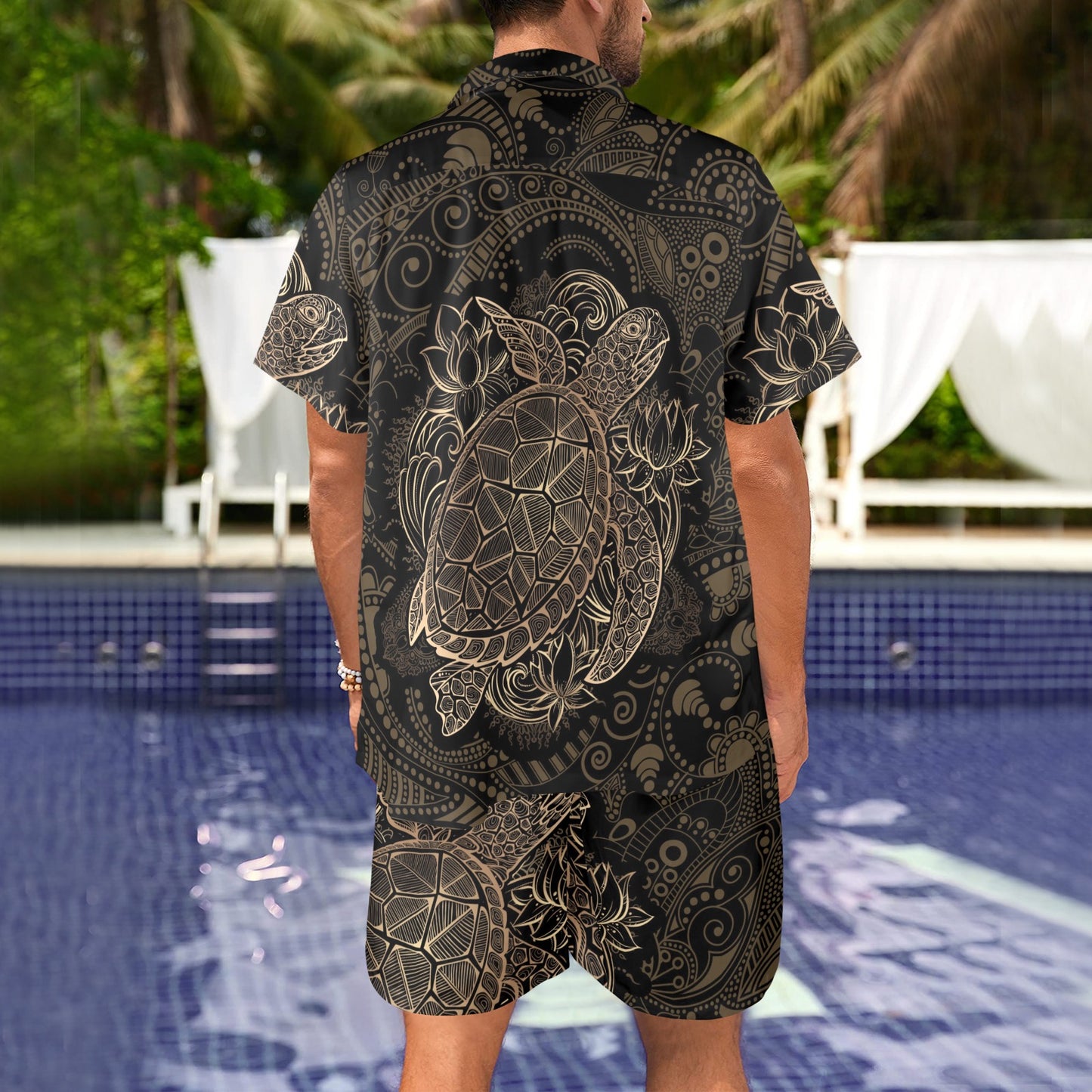 Polynesian Sea Turtle Hawaiian Mandala Men's Beach Shirt and Shorts Set
