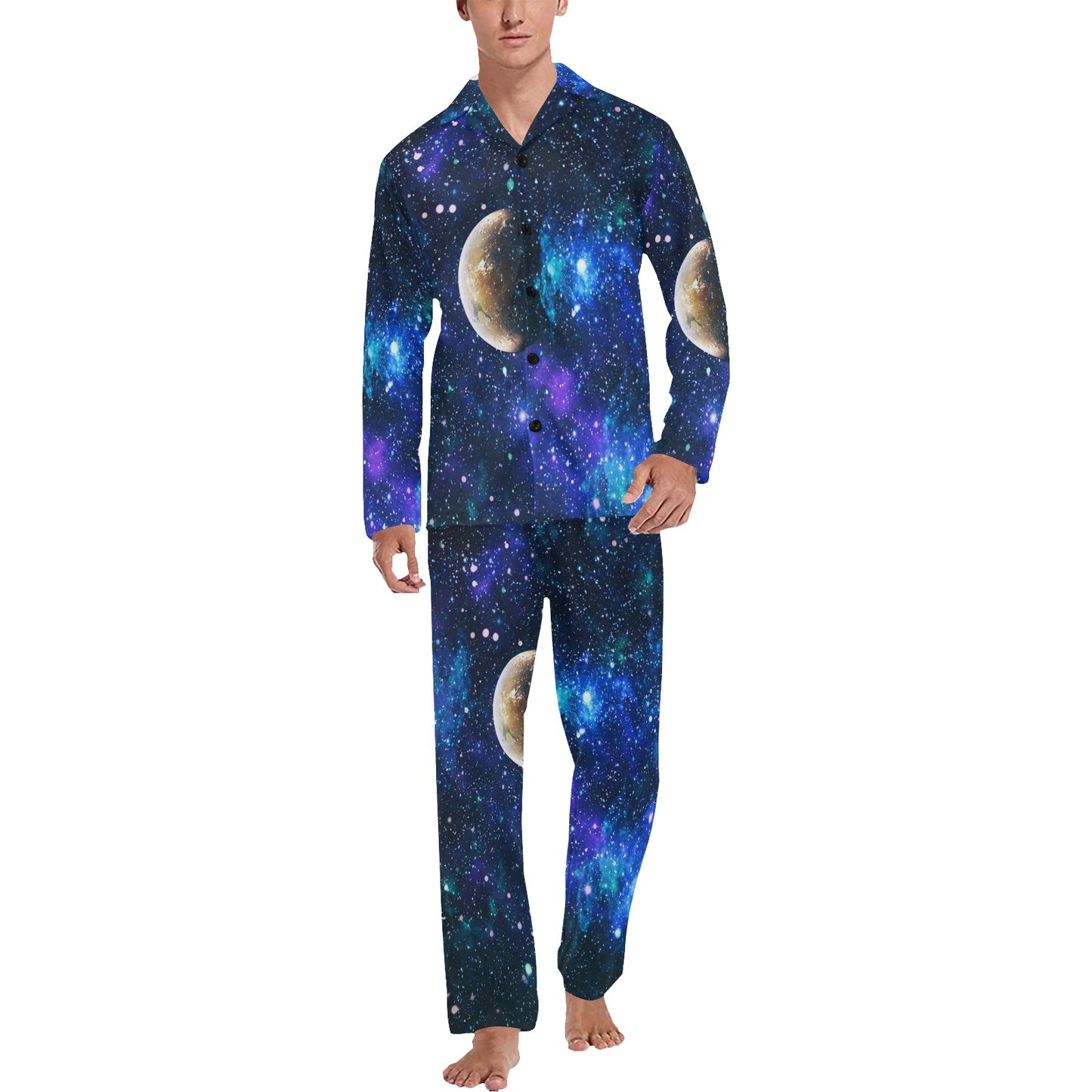 Galaxy Stardust Planet Space Print Men's Long Pajama Set