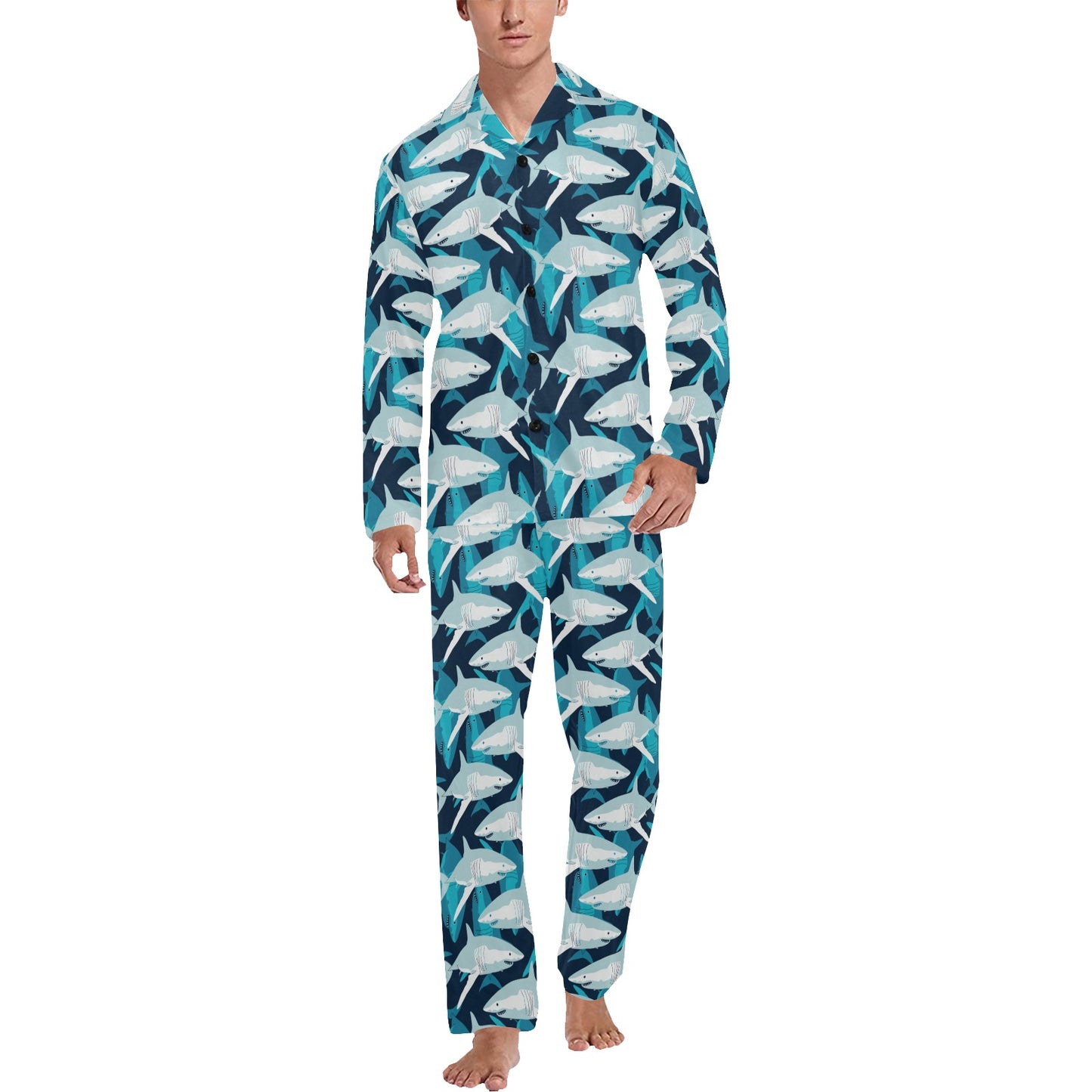 Shark Design Print Men's Long Pajama Set