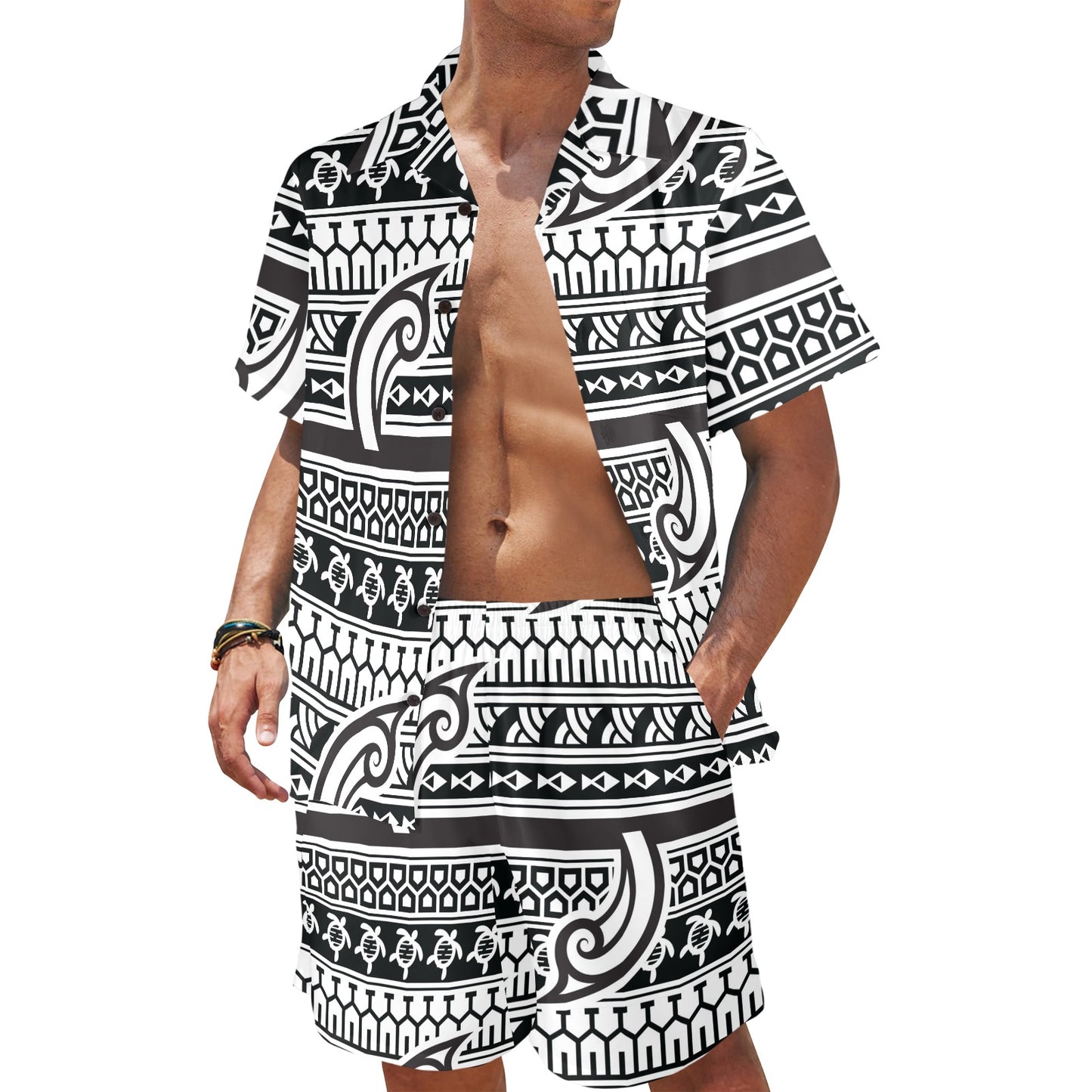 Samoan Style Print Design LKS305 Men's Beach Shirt and Shorts Set