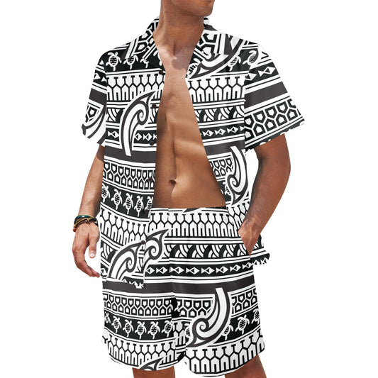 Samoan Style Print Design LKS305 Men's Beach Shirt and Shorts Set