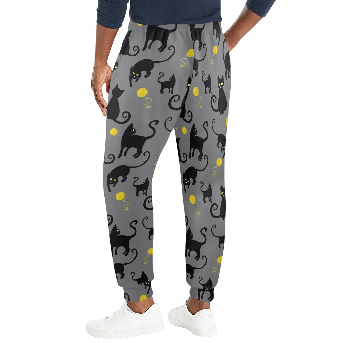 Black Cat Yellow Yarn Print Pattern Men's Casual Track Pants