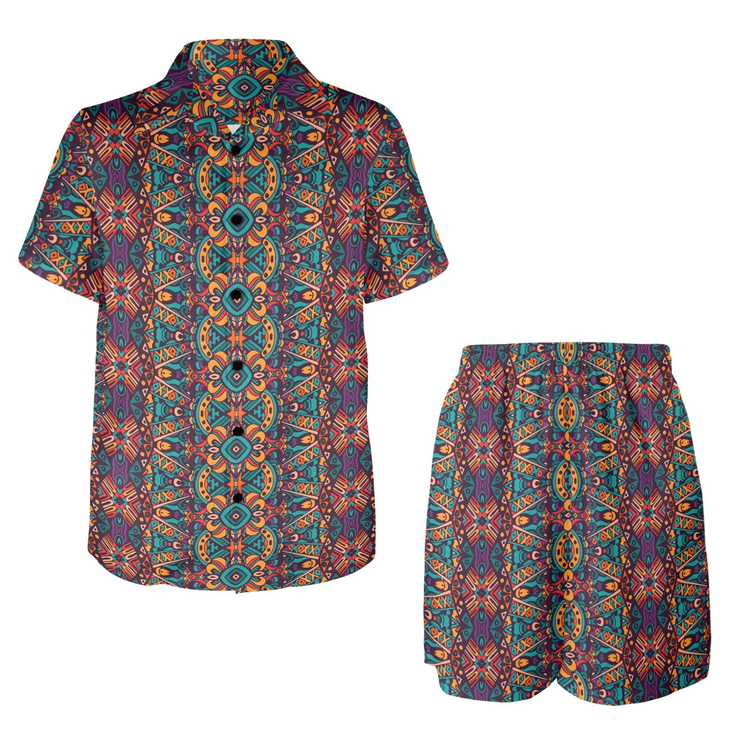 Ethnic Style Print Pattern Men's Beach Shirt and Shorts Set