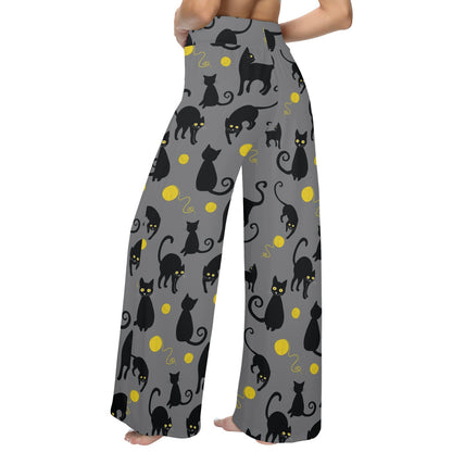 Black Cat Yellow Yarn Print Pattern Women's Wide Leg Lounge Pants