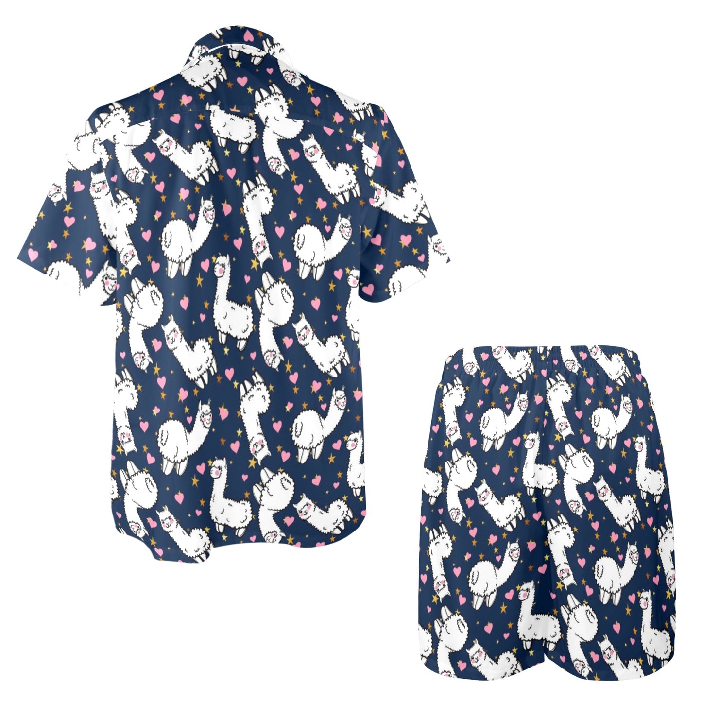 Alpaca Heart Star Design Themed Print Men's Beach Shirt and Shorts Set