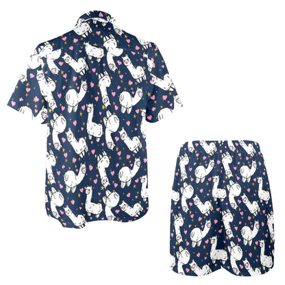 Alpaca Heart Star Design Themed Print Men's Beach Shirt and Shorts Set