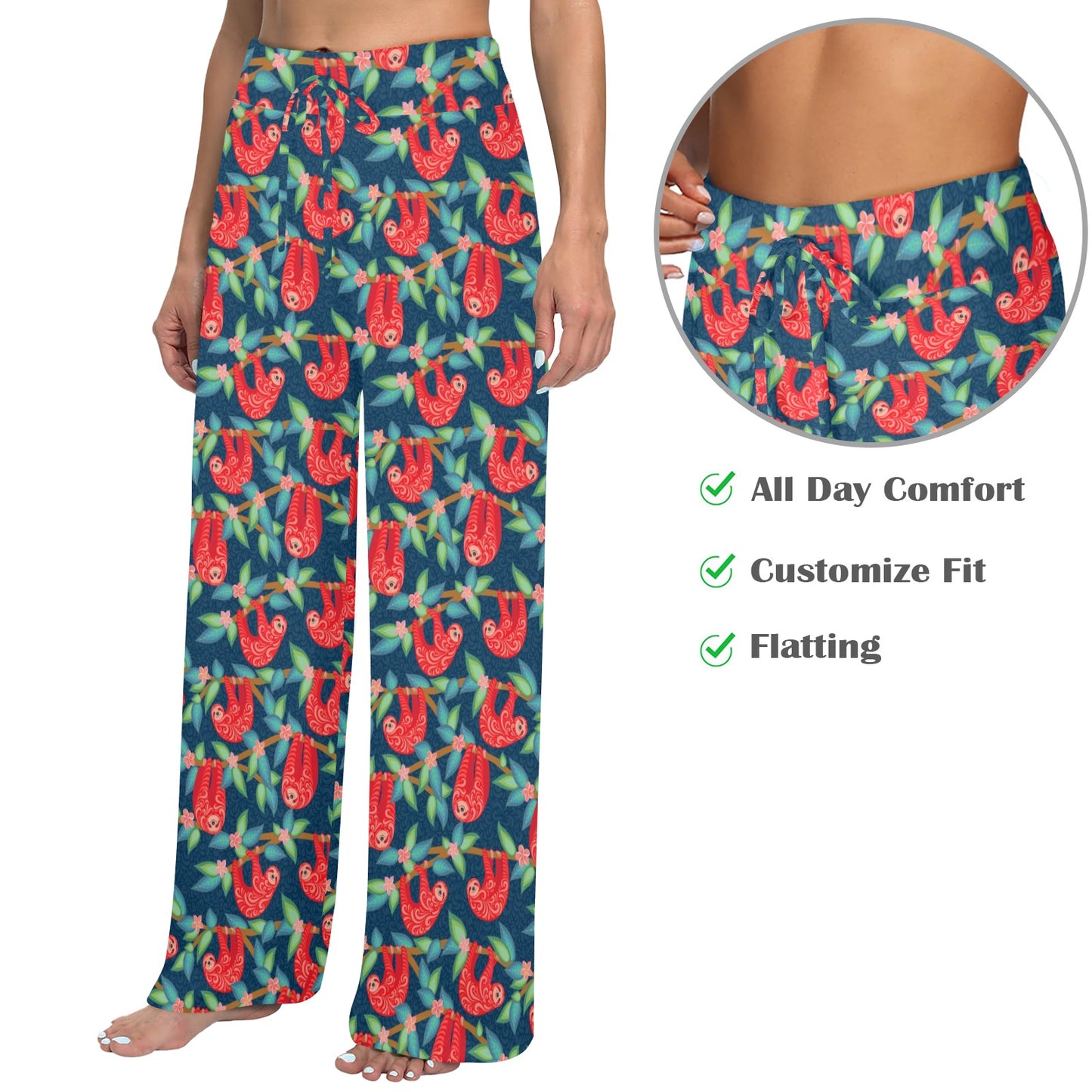 Sloth Red Design Themed Print Women's Wide Leg Lounge Pants