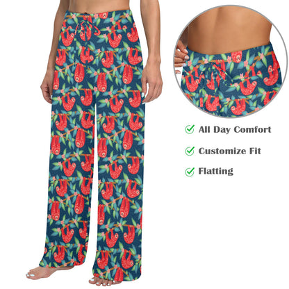Sloth Red Design Themed Print Women's Wide Leg Lounge Pants