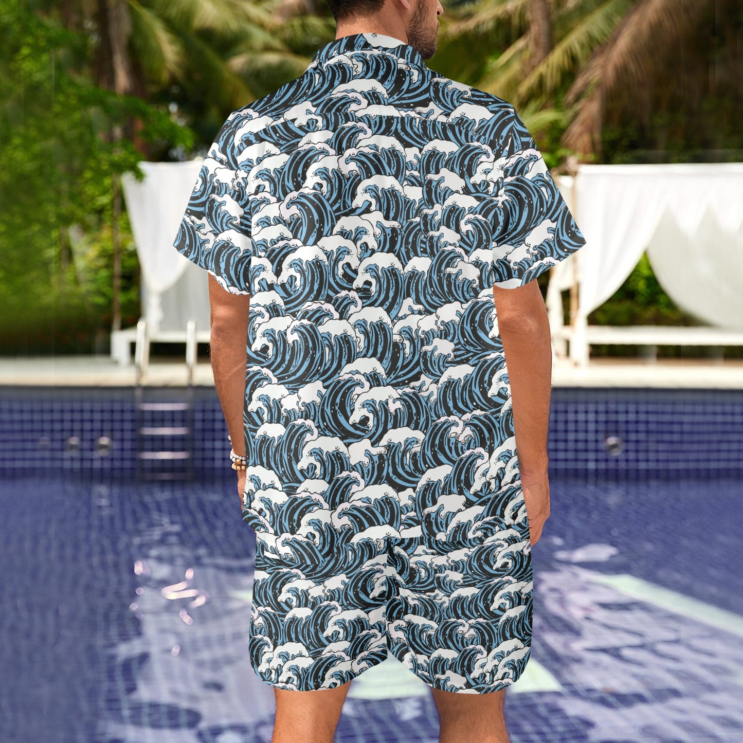 Surf Wave Pattern Print Men's Beach Shirt and Shorts Set