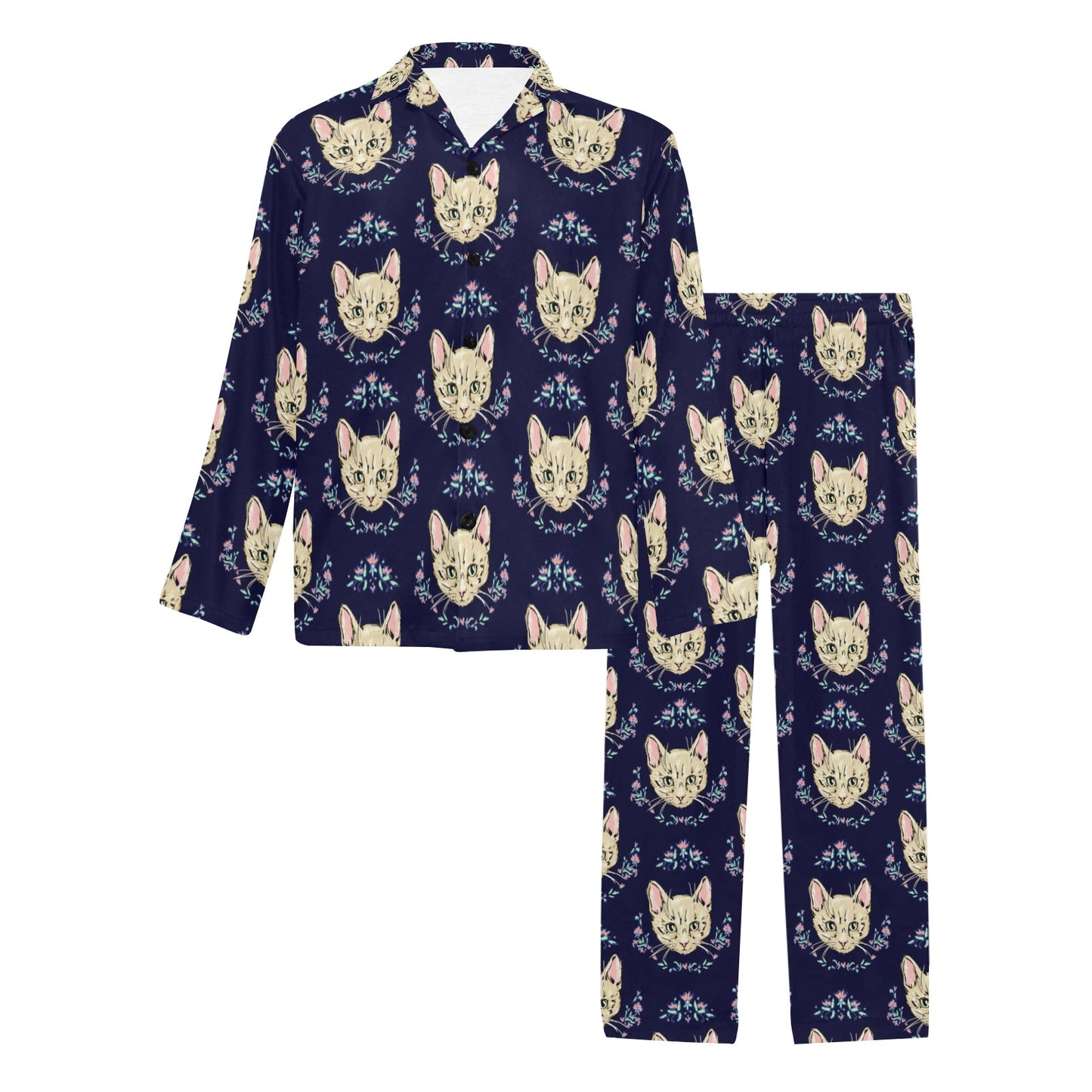 Cat Head with flower Print Pattern Men's Long Pajama Set