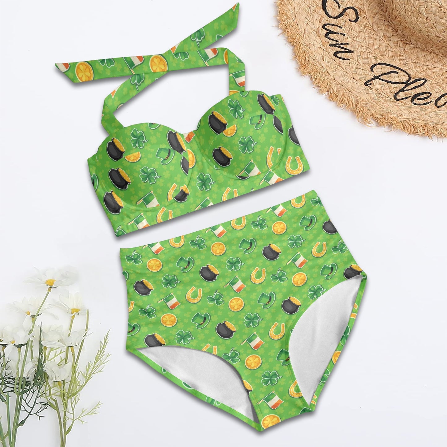 Shamrock Saint Patrick's Day Print Design LKS302 Halter Neck Bikini Swimsuit