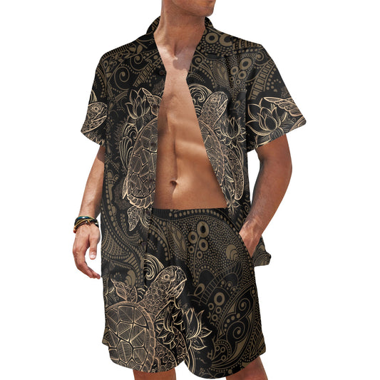 Polynesian Sea Turtle Hawaiian Mandala Men's Beach Shirt and Shorts Set
