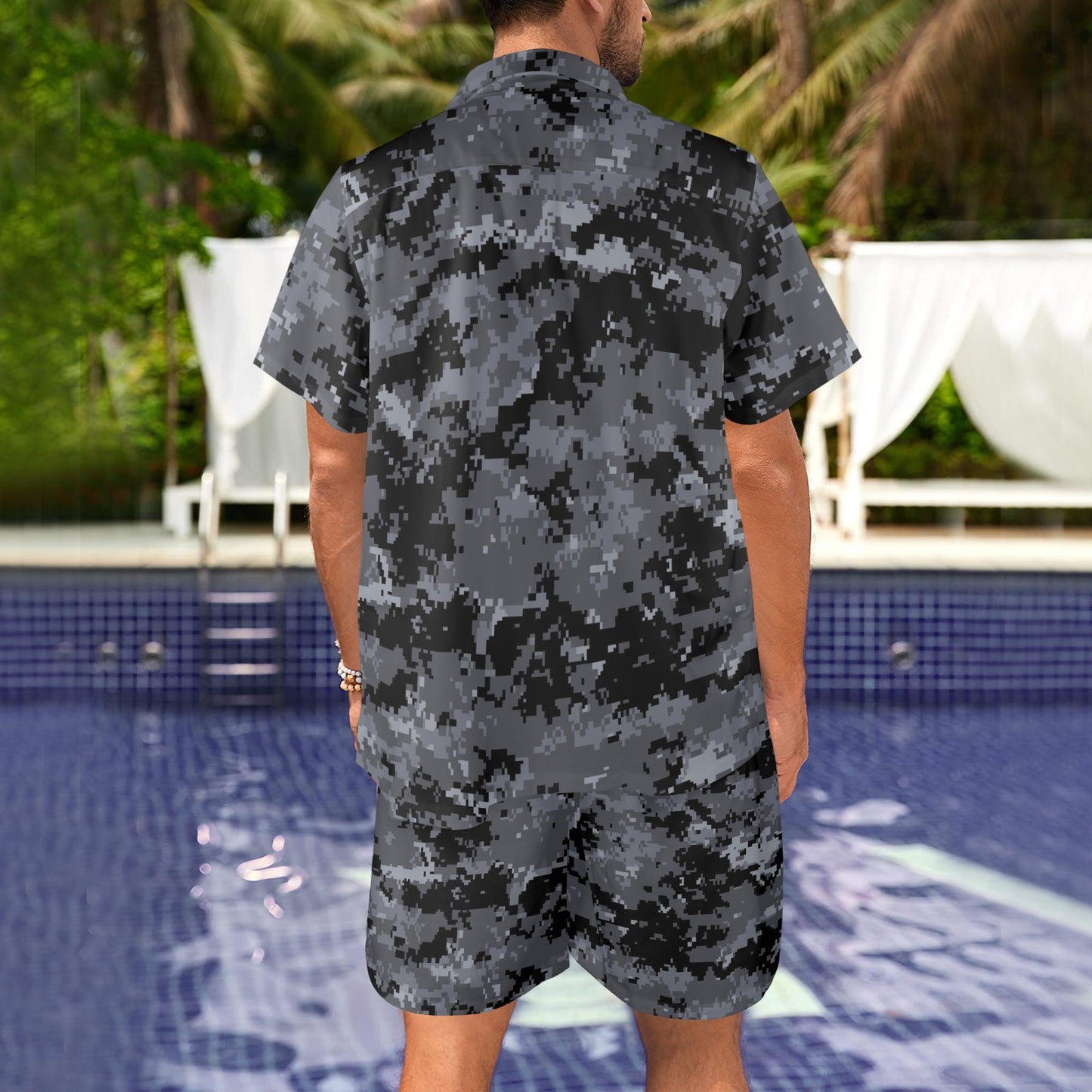 ACU Digital Black Camouflage Men's Beach Shirt and Shorts Set