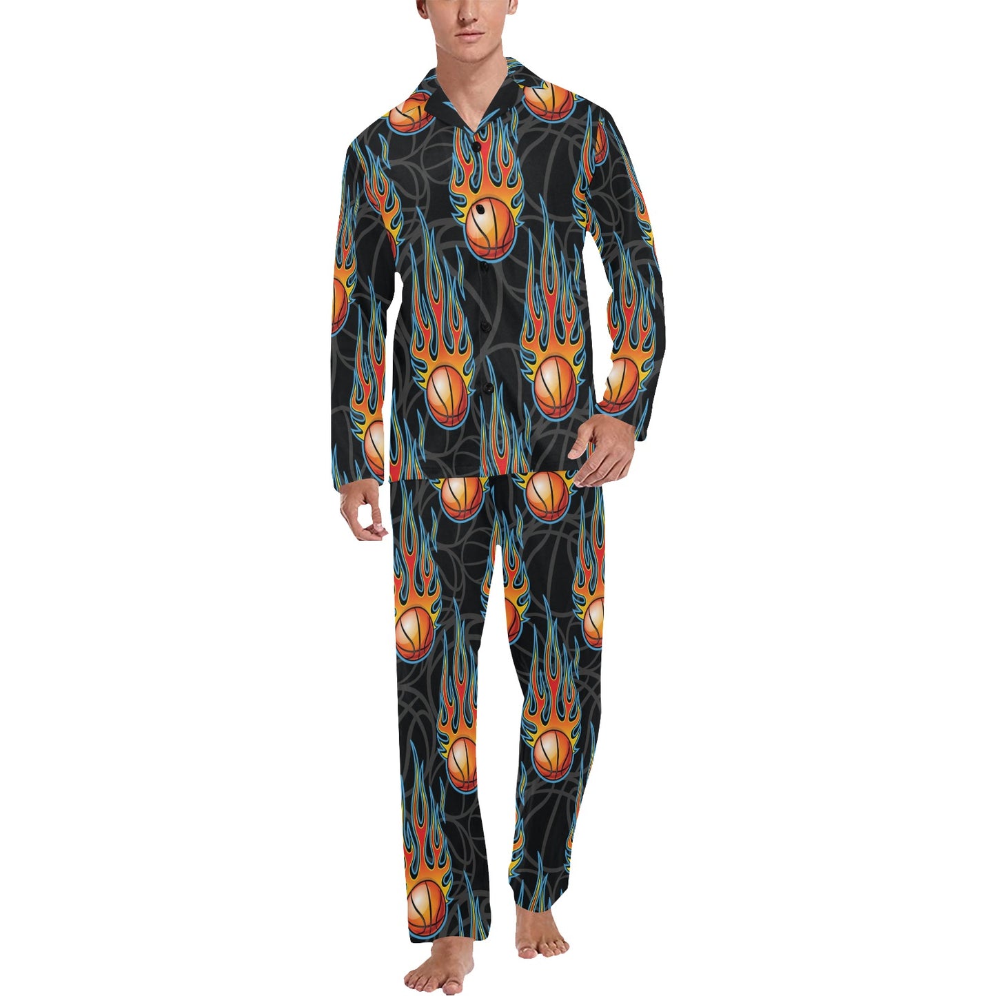 Basketball Fire Print Pattern Men's Long Pajama Set