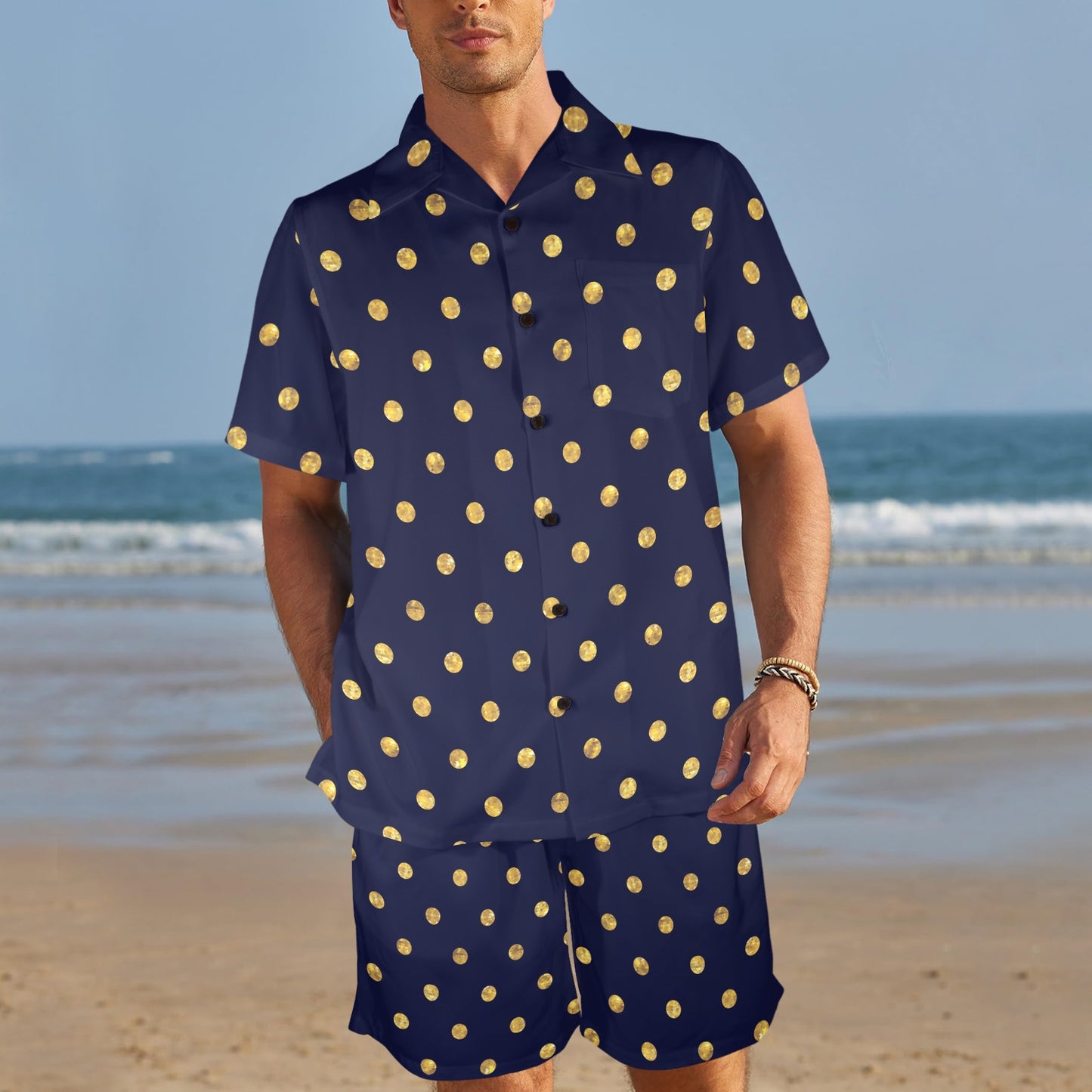 Polka Dot Gold Blue Pattern Print Design 02 Men's Beach Shirt and Shorts Set