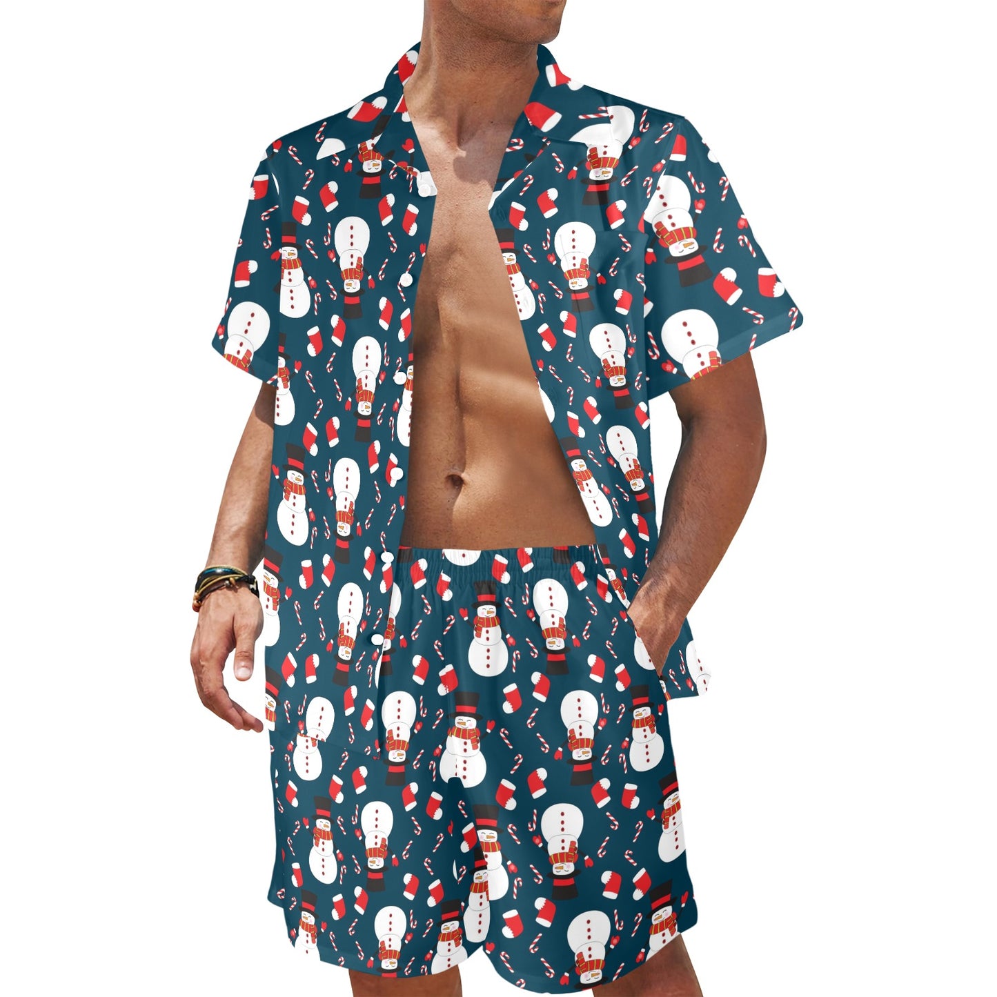 Snowman Print Design LKS301 Men's Beach Shirt and Shorts Set