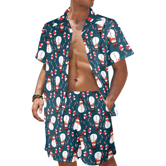 Snowman Print Design LKS301 Men's Beach Shirt and Shorts Set
