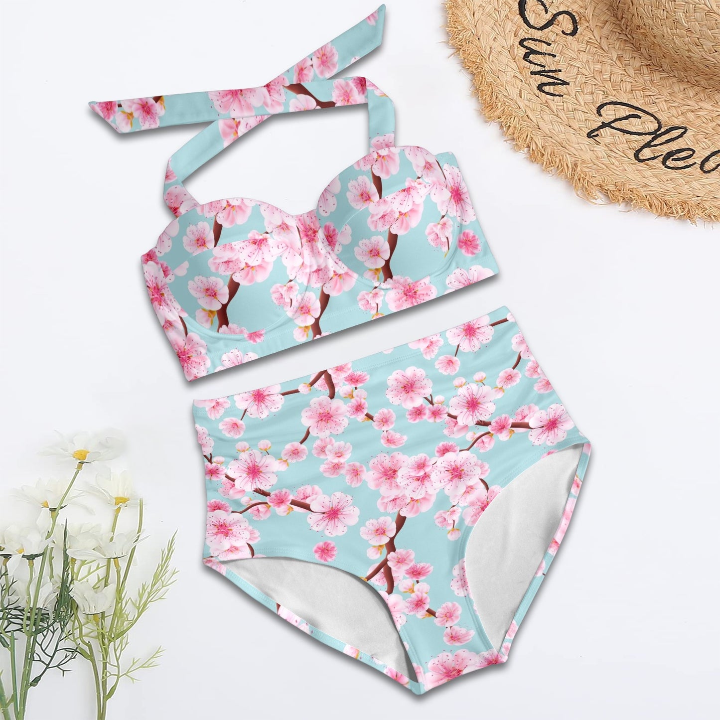 Cherry Blossom Pattern Print Design CB04 Halter Neck Bikini Swimsuit