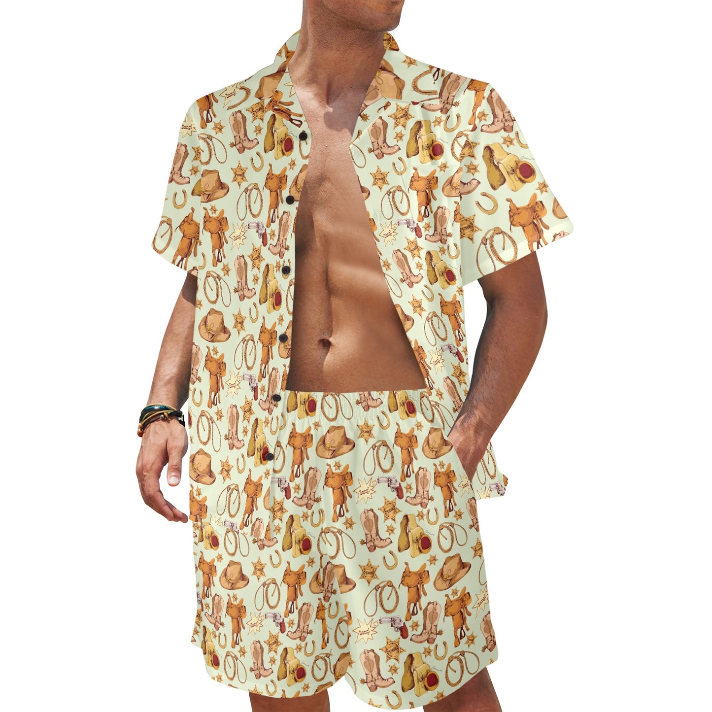 Western Cowboy Design Pattern Men's Beach Shirt and Shorts Set