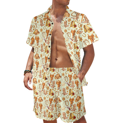 Western Cowboy Design Pattern Men's Beach Shirt and Shorts Set