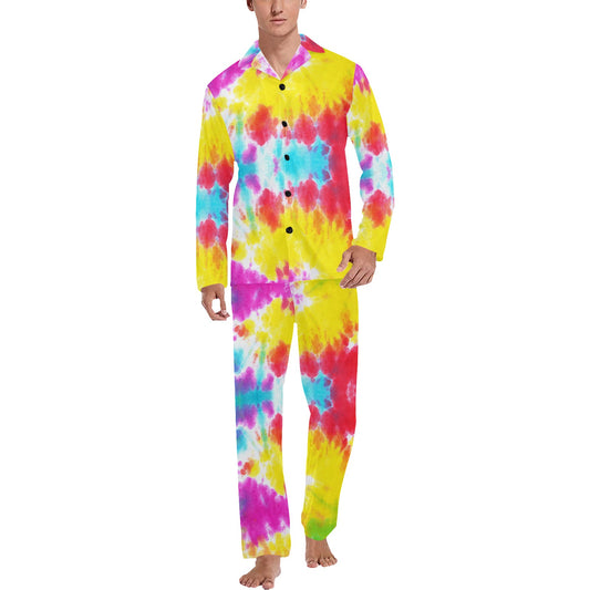 Tie Dye Rainbow Themed Print Men's Long Pajama Set