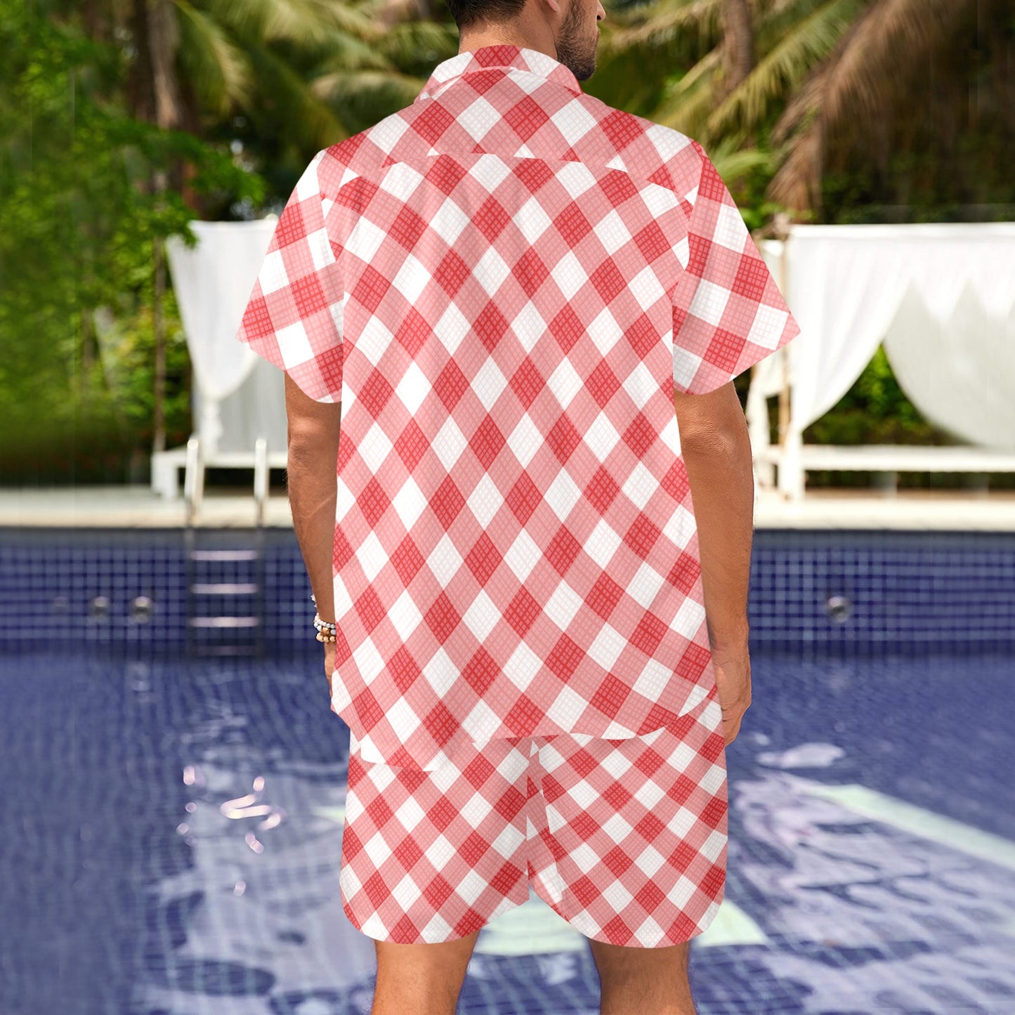Gingham Red Pattern Print Design 01 Men's Beach Shirt and Shorts Set