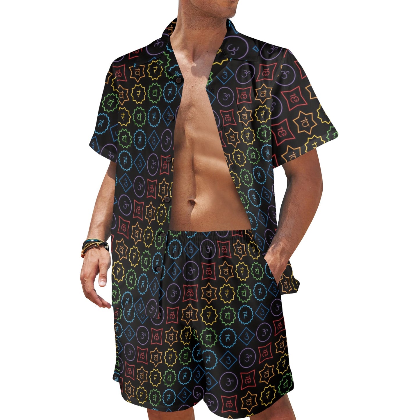 Chakra Colorful Symbol Pattern Men's Beach Shirt and Shorts Set