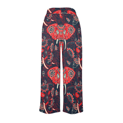 Red Indian Elephant Pattern Women's Wide Leg Lounge Pants
