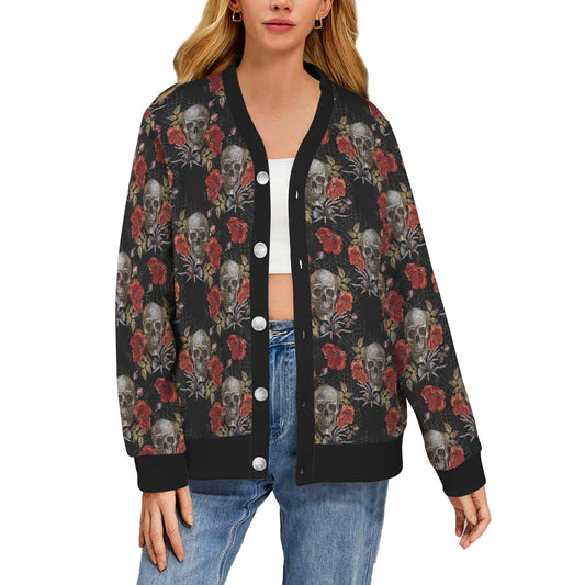 Spider Web Skull Rose Print Design LKS305 Women's Cardigan