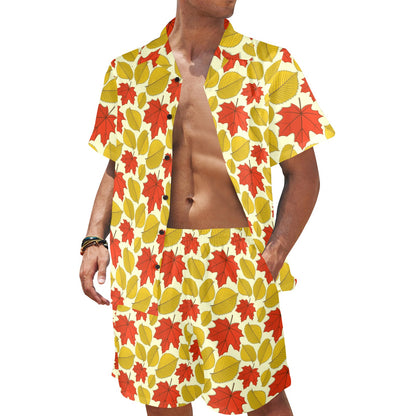 Elm Maple Leave Print Pattern Men's Beach Shirt and Shorts Set
