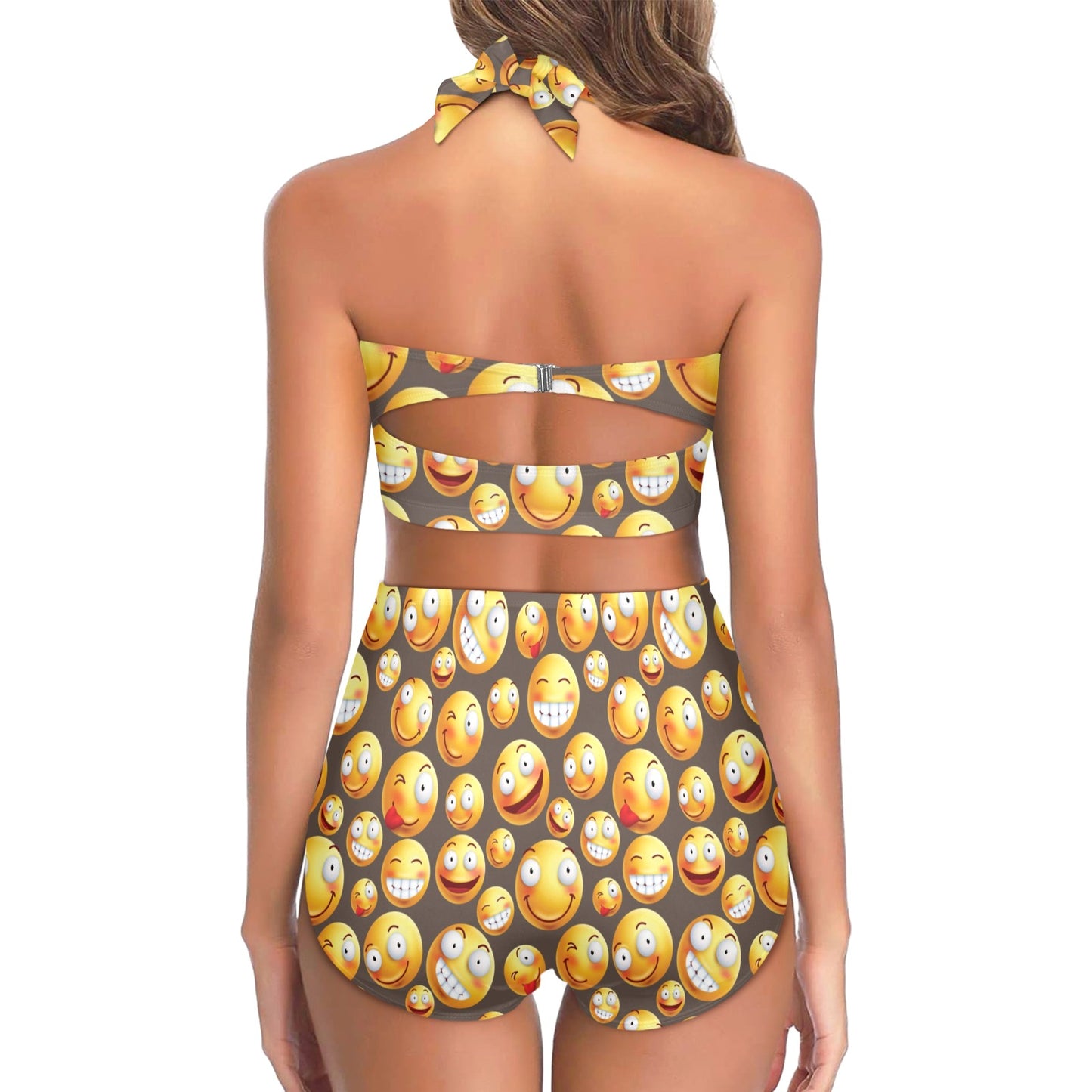 Smiley Face Emoji Print Design LKS303 Halter Neck Bikini Swimsuit