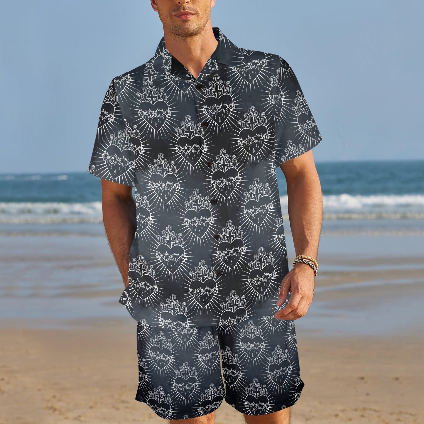 Christian Heart Tattoo Style Men's Beach Shirt and Shorts Set