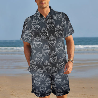 Christian Heart Tattoo Style Men's Beach Shirt and Shorts Set