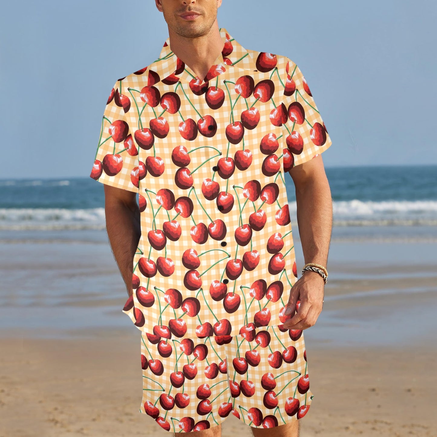 Cherry Orange Plaid Print Men's Beach Shirt and Shorts Set