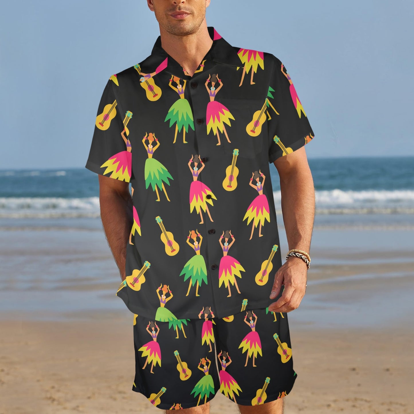 Hula Dancers Hawaiian Girl Pattern Print Design 03 Men's Beach Shirt and Shorts Set