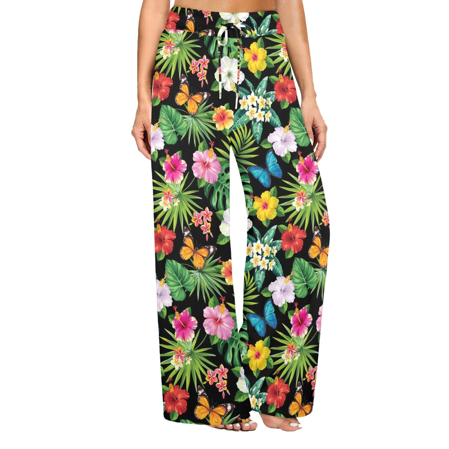 Hibiscus With Butterfly Print Design LKS305 Women's Wide Leg Lounge Pants