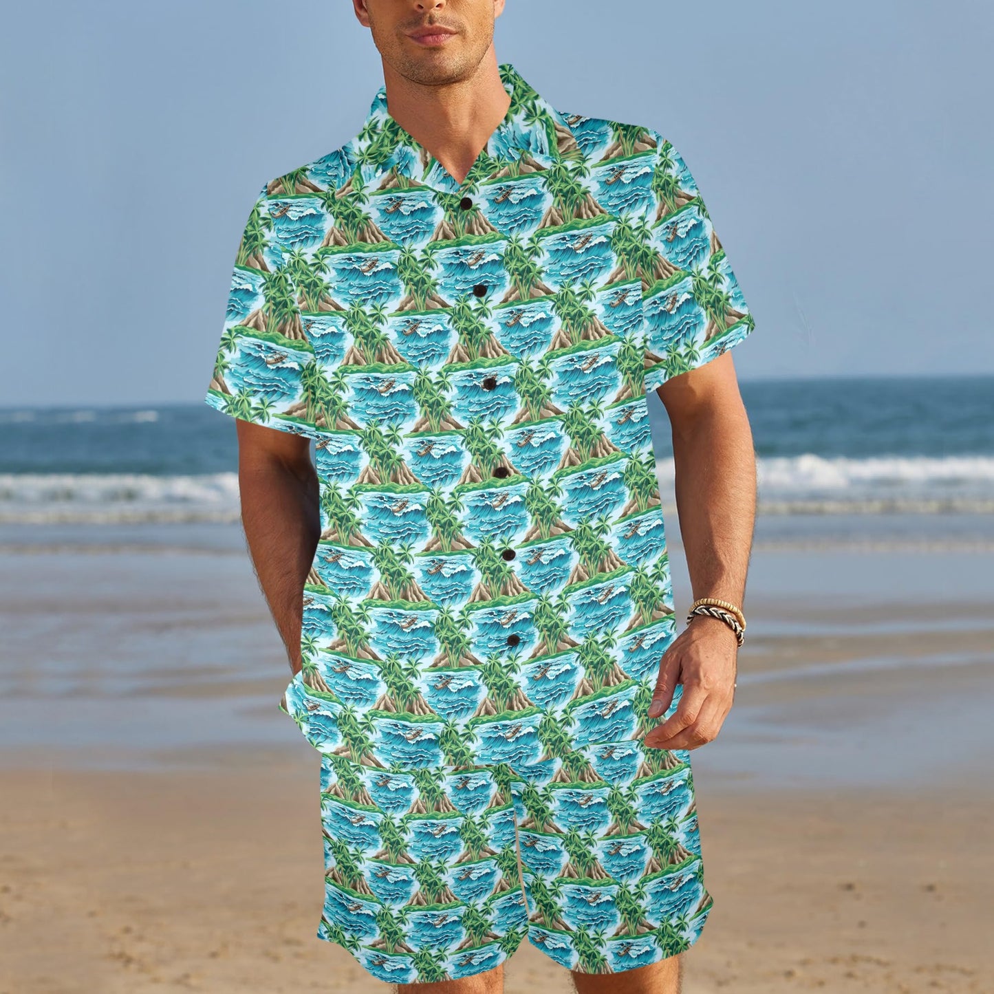 Palm Tree Hawaiian Themed Design Print Men's Beach Shirt and Shorts Set