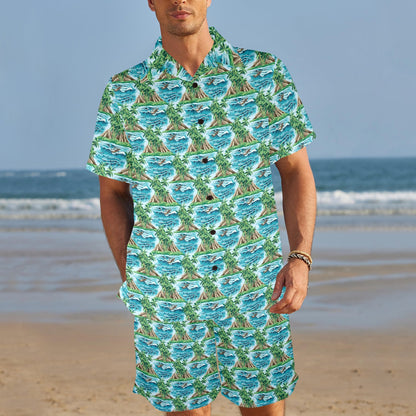 Palm Tree Hawaiian Themed Design Print Men's Beach Shirt and Shorts Set