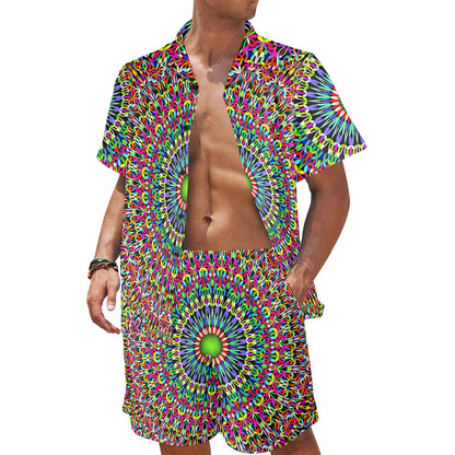 Bohemian Colorful Style Print Men's Beach Shirt and Shorts Set