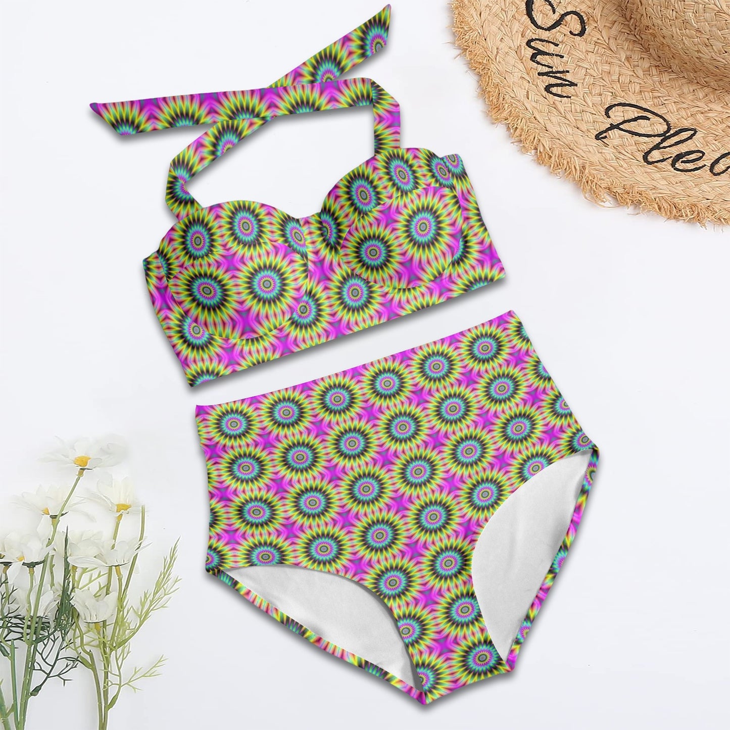 Optical illusion Flower Rainbow Style Halter Neck Bikini Swimsuit