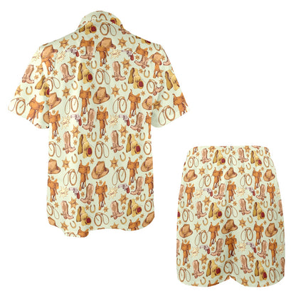 Western Cowboy Design Pattern Men's Beach Shirt and Shorts Set