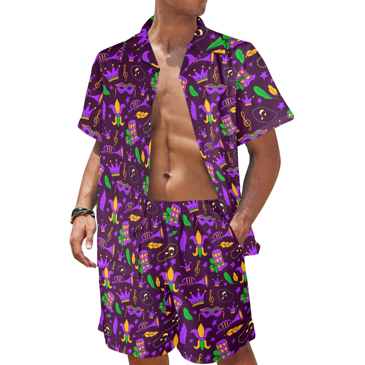 Mardi Gras Pattern Print Design 08 Men's Beach Shirt and Shorts Set