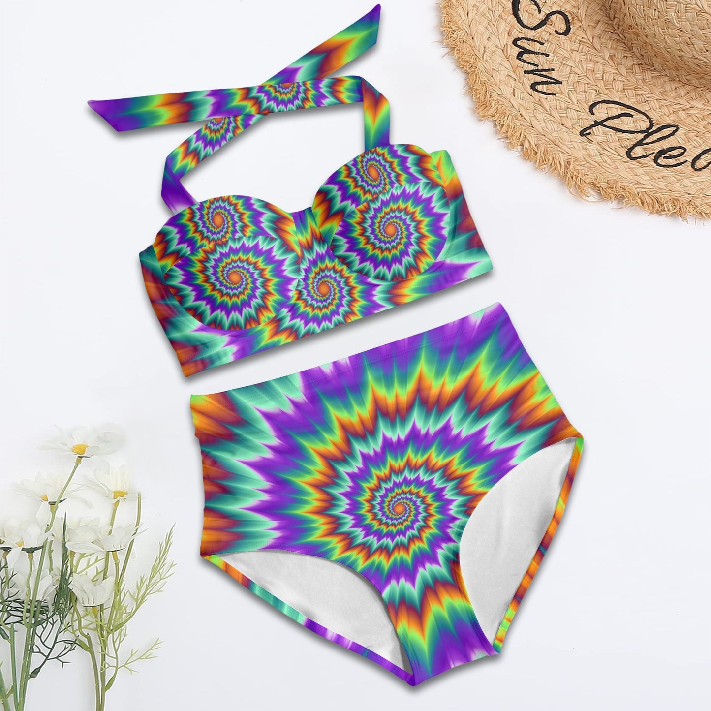 Optical illusion Pulsing fiery spirals Halter Neck Bikini Swimsuit