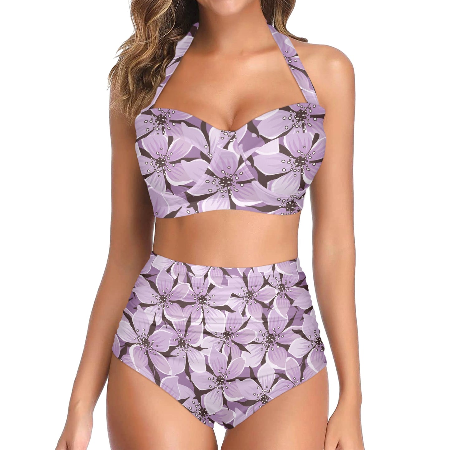 Lilac Pattern Print Design 01 Halter Neck Bikini Swimsuit