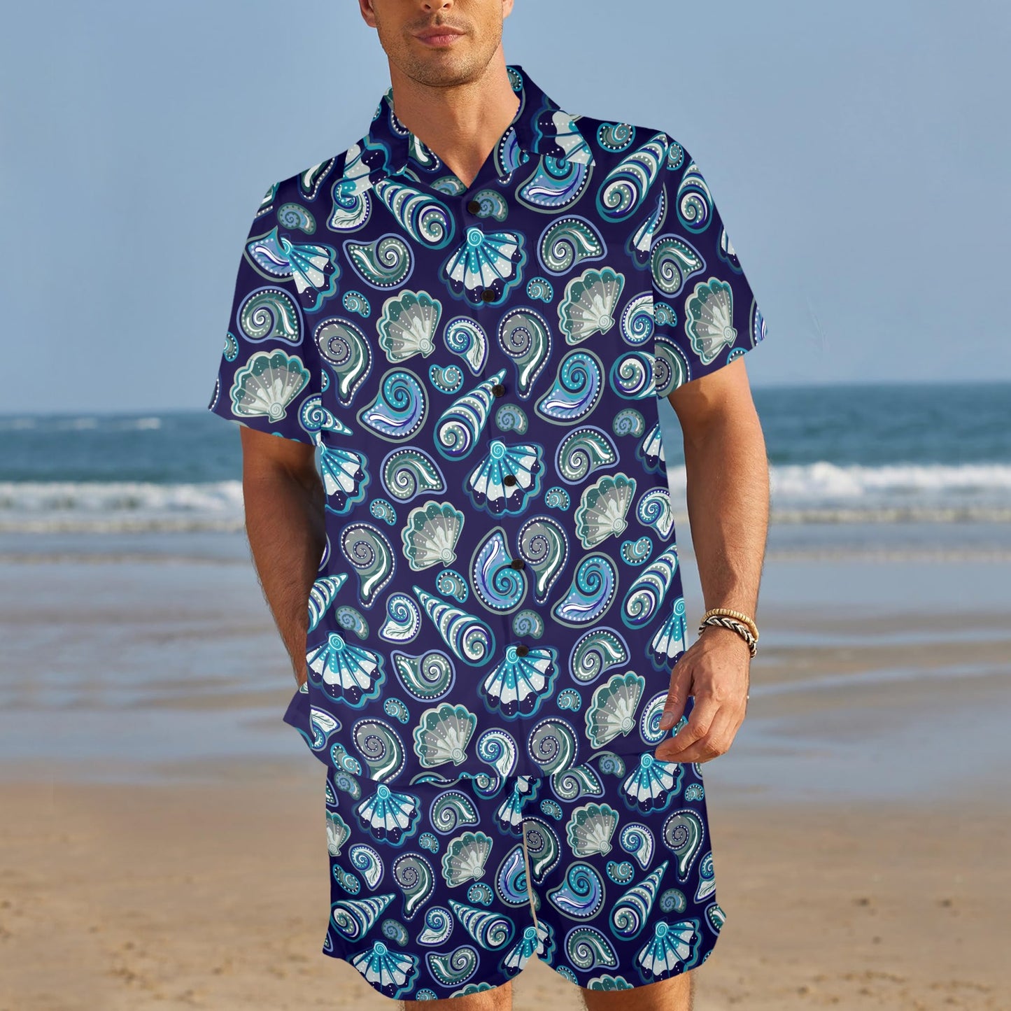 Beach Seashell Blue Print Men's Beach Shirt and Shorts Set
