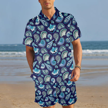 Beach Seashell Blue Print Men's Beach Shirt and Shorts Set